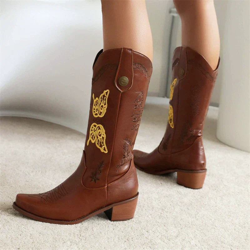 Damen - Bestickte Westernstiefel - Leder - Halbhoher Schaft für Stil und Komfort