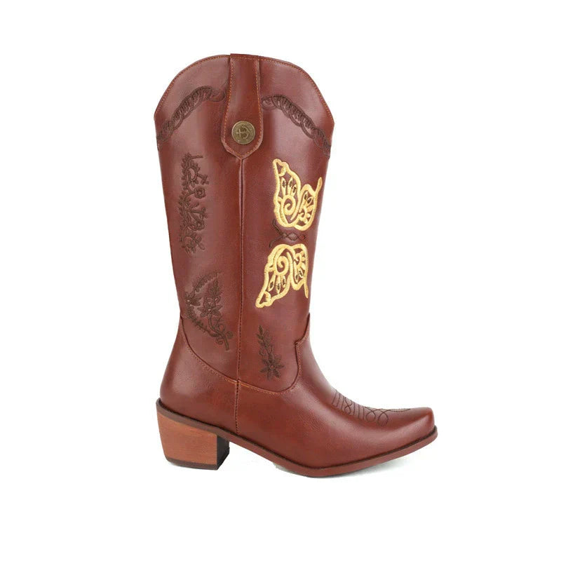 Damen - Bestickte Westernstiefel - Leder - Halbhoher Schaft für Stil und Komfort