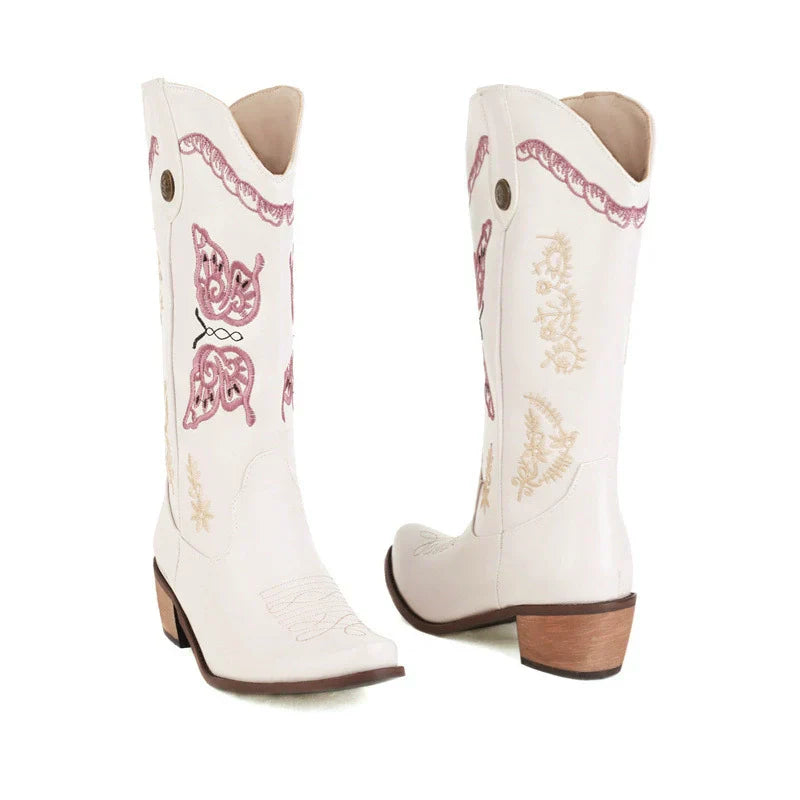 Damen - Bestickte Westernstiefel - Leder - Halbhoher Schaft für Stil und Komfort
