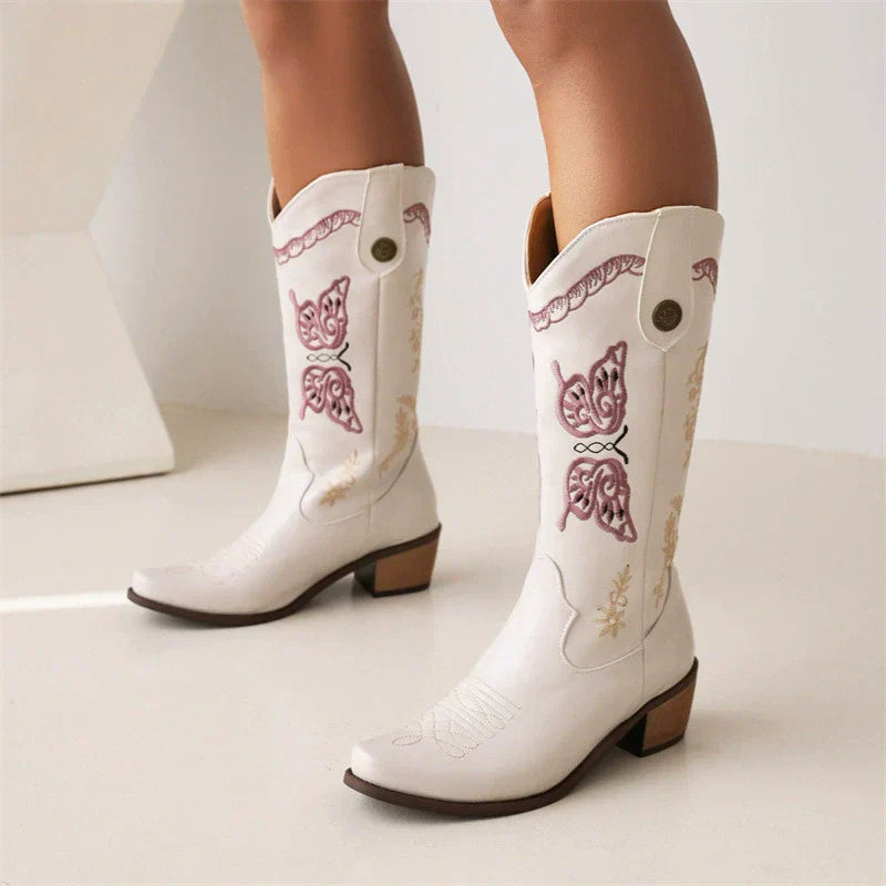 Damen - Bestickte Westernstiefel - Leder - Halbhoher Schaft für Stil und Komfort