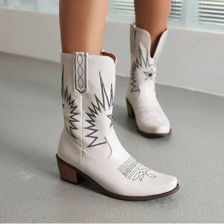 Damen - Stilvolle mittelhohe Westernstiefel - Leder - Bestickt - Modisch und Bequem für jeden Anlass