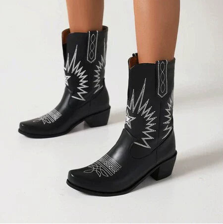 Damen - Stilvolle mittelhohe Westernstiefel - Leder - Bestickt - Modisch und Bequem für jeden Anlass