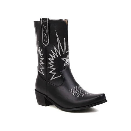 Damen - Stilvolle mittelhohe Westernstiefel - Leder - Bestickt - Modisch und Bequem für jeden Anlass
