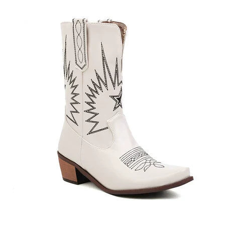 Damen - Stilvolle mittelhohe Westernstiefel - Leder - Bestickt - Modisch und Bequem für jeden Anlass