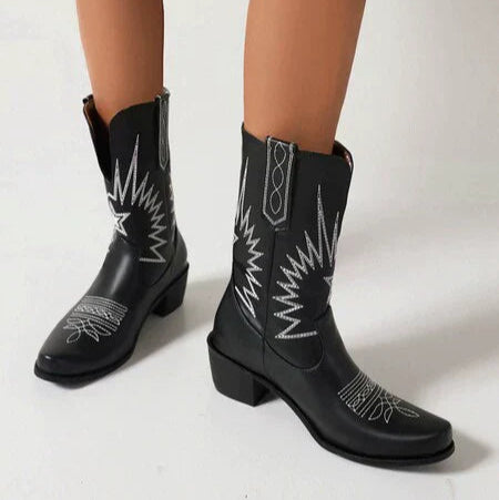 Damen - Stilvolle mittelhohe Westernstiefel - Leder - Bestickt - Modisch und Bequem für jeden Anlass