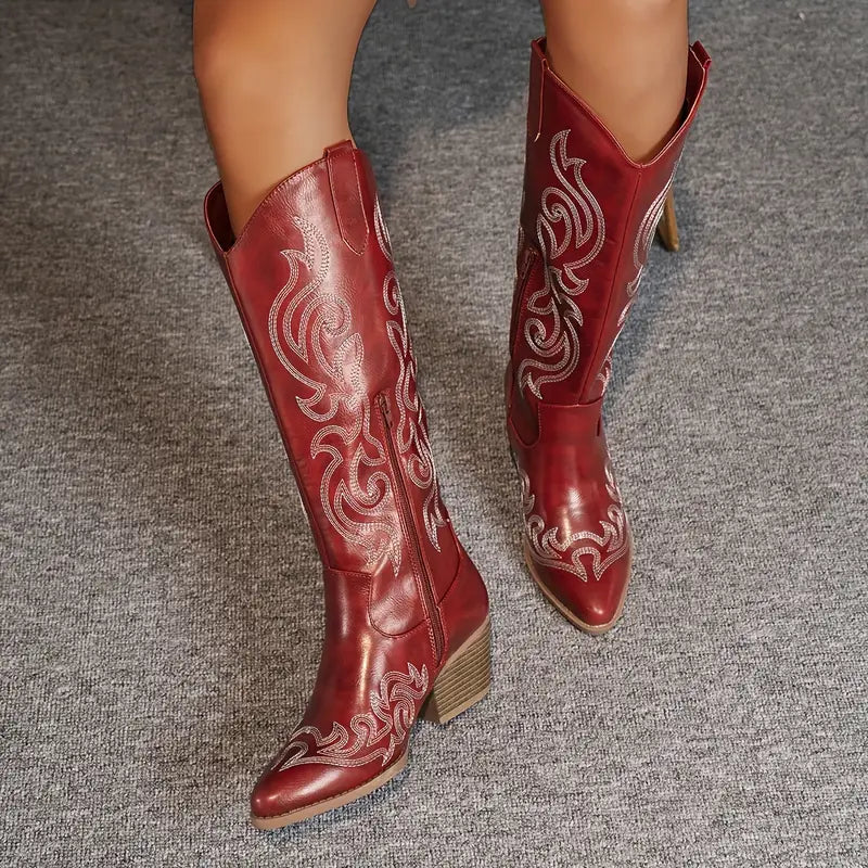 Damen - Kniehohe Westernstiefel - Leder - Gestickt & Stilvoll - Modische Stiefel für jeden Anlass