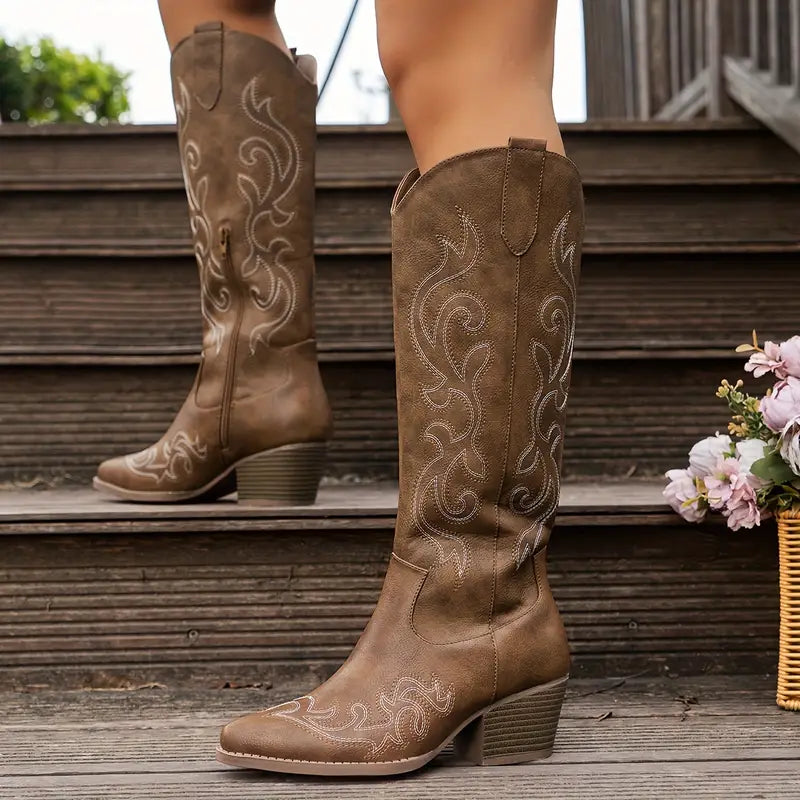 Damen - Kniehohe Westernstiefel - Leder - Gestickt & Stilvoll - Modische Stiefel für jeden Anlass