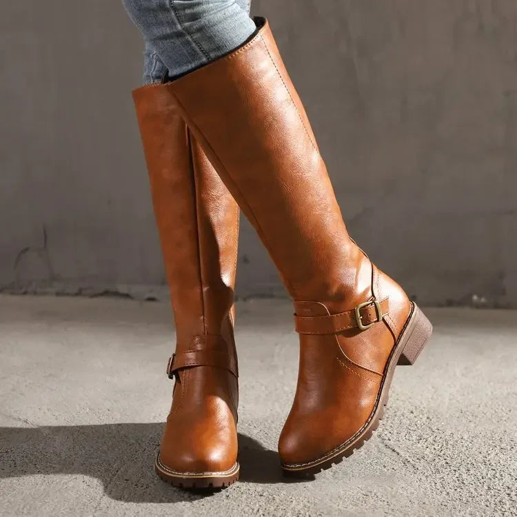 Damen - Klassische kniehohe Stiefel - Schnallenverzierung - Stilvolle und bequeme Mode für jeden Anlass