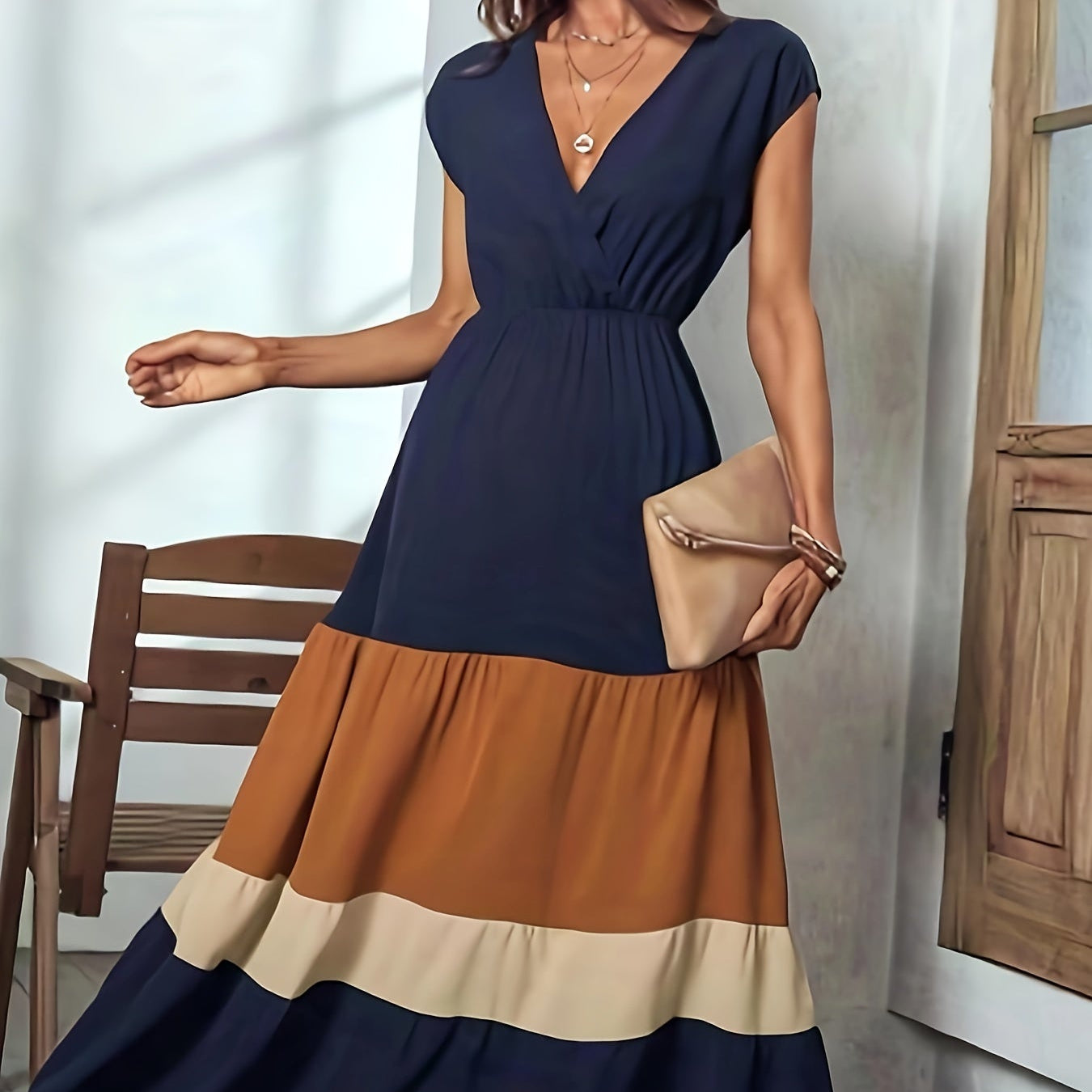 Damen - Farbblock Maxi-Kleid - Polyester - Elegantes ärmelloses Wickelkleid - Vielseitig und Stilvoll für jeden Anlass