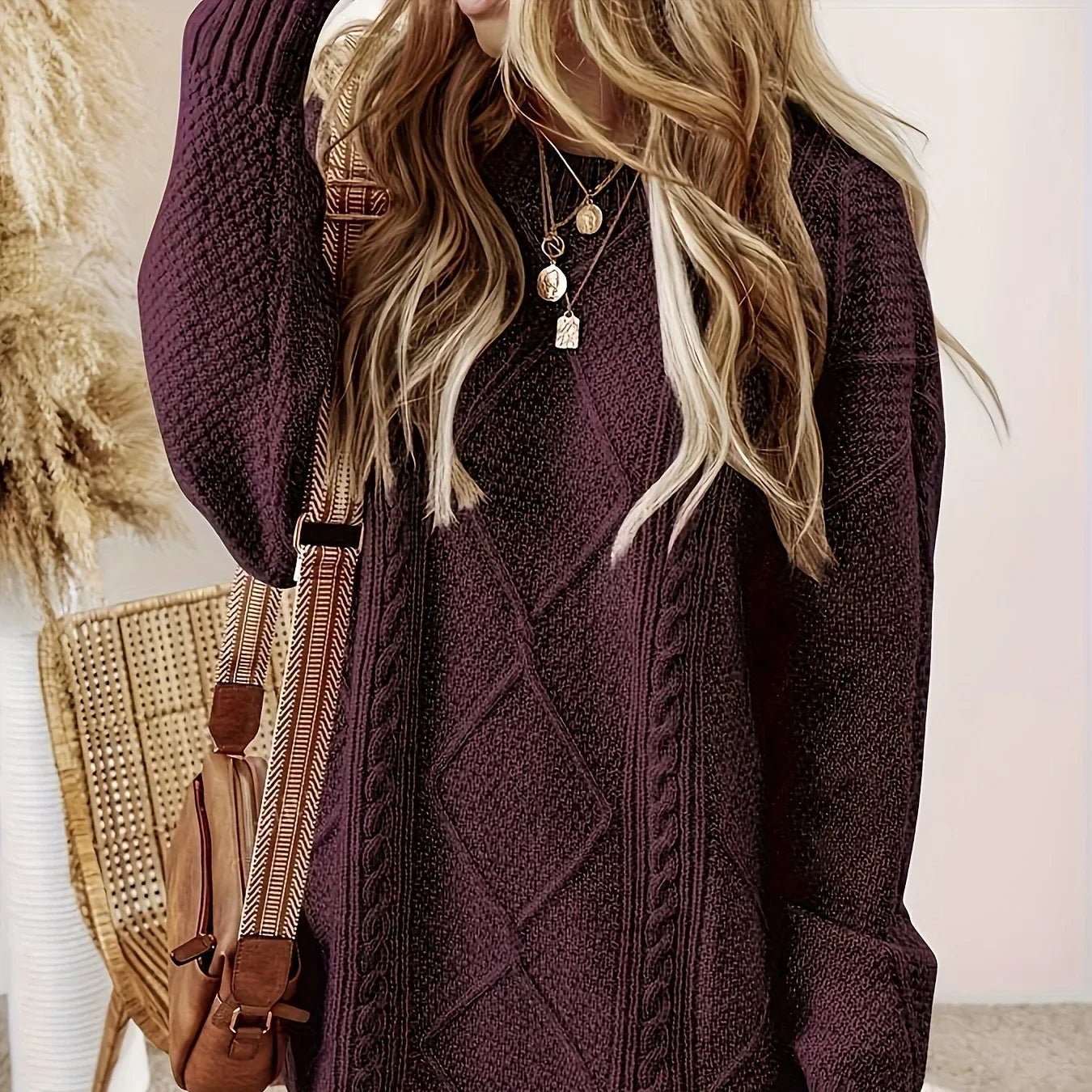 Damen - Pulloverkleid - Zopfstrick - Bequeme Übergröße für stilvolle Looks