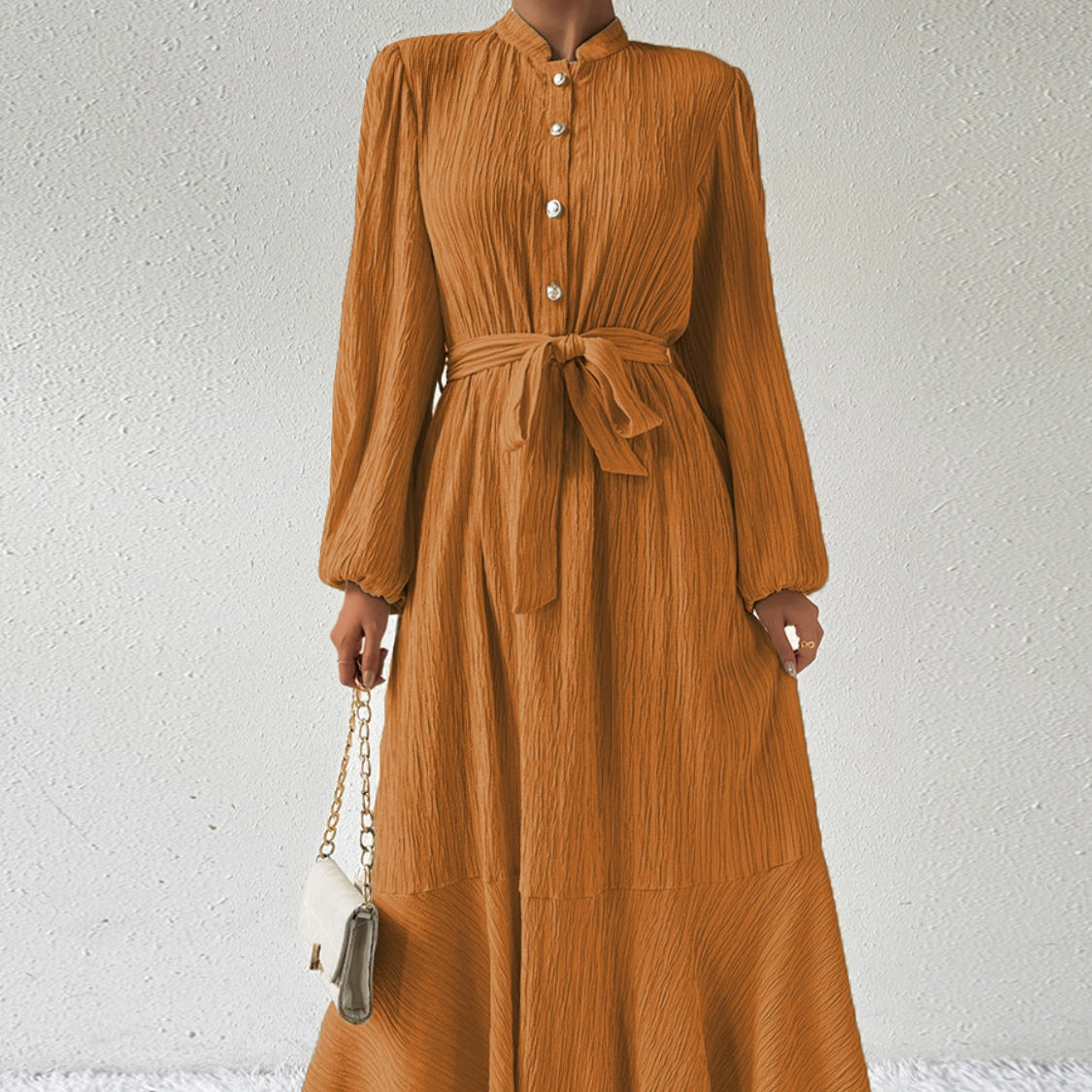 Damen - Plissiertes Maxikleid - Gewebtem Stoff - Lange Ärmel & Hoher Ausschnitt - Ideales Kleid für jeden Anlass