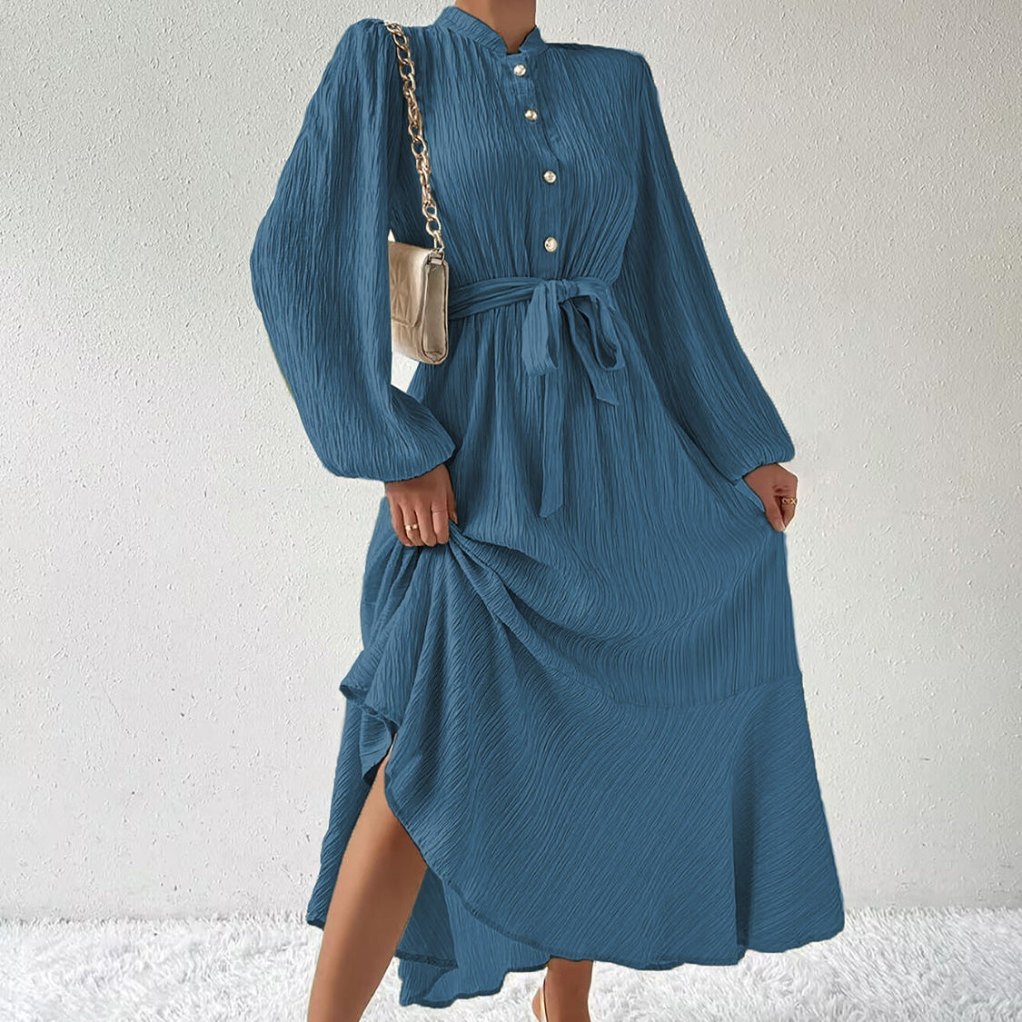 Damen - Plissiertes Maxikleid - Gewebtem Stoff - Lange Ärmel & Hoher Ausschnitt - Ideales Kleid für jeden Anlass