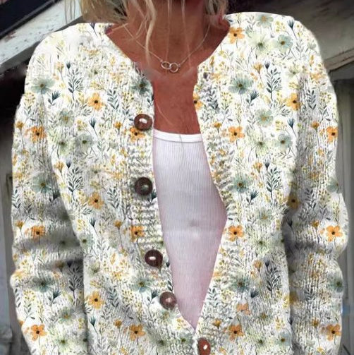 Damen - Strickjacke - Blumenmuster - Rundhalsausschnitt - Modische, bequeme Oberbekleidung für jeden Anlass