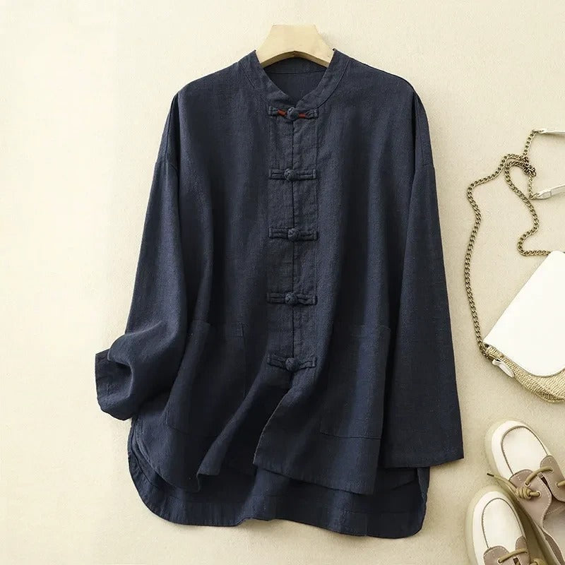 Damen - Vintage-inspiriertes Knopfhemd - Leinen - Klassischer Stil & Bequemer Komfort - Perfekt für jeden Anlass
