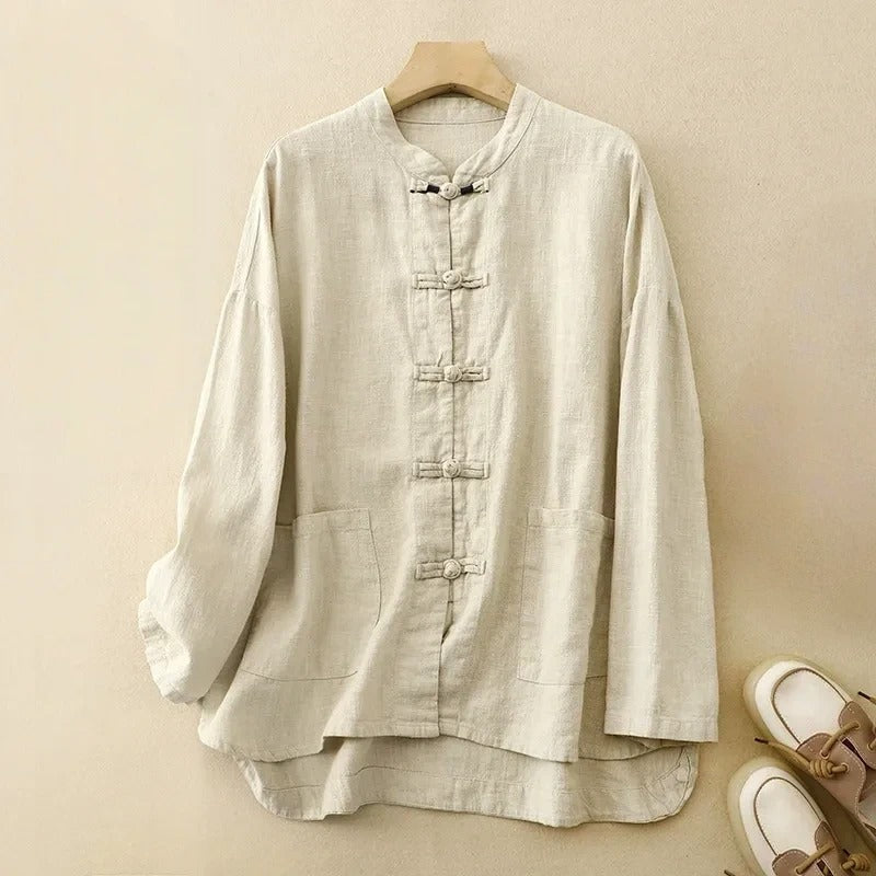 Damen - Vintage-inspiriertes Knopfhemd - Leinen - Klassischer Stil & Bequemer Komfort - Perfekt für jeden Anlass
