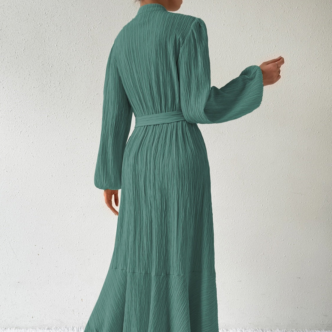 Damen - Plissiertes Maxikleid - Gewebtem Stoff - Lange Ärmel & Hoher Ausschnitt - Ideales Kleid für jeden Anlass