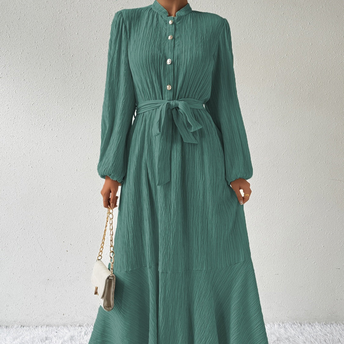 Damen - Plissiertes Maxikleid - Gewebtem Stoff - Lange Ärmel & Hoher Ausschnitt - Ideales Kleid für jeden Anlass