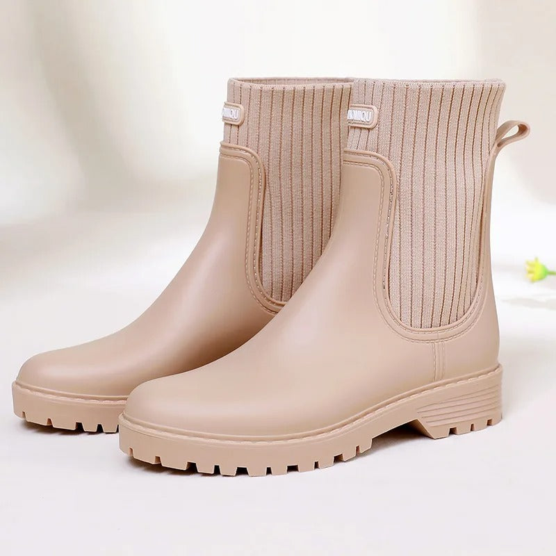 Gesteppte Strick-Regenstiefel für Damen - Bequeme Slip-On Gummistiefel - Ideal für Nasses Wetter