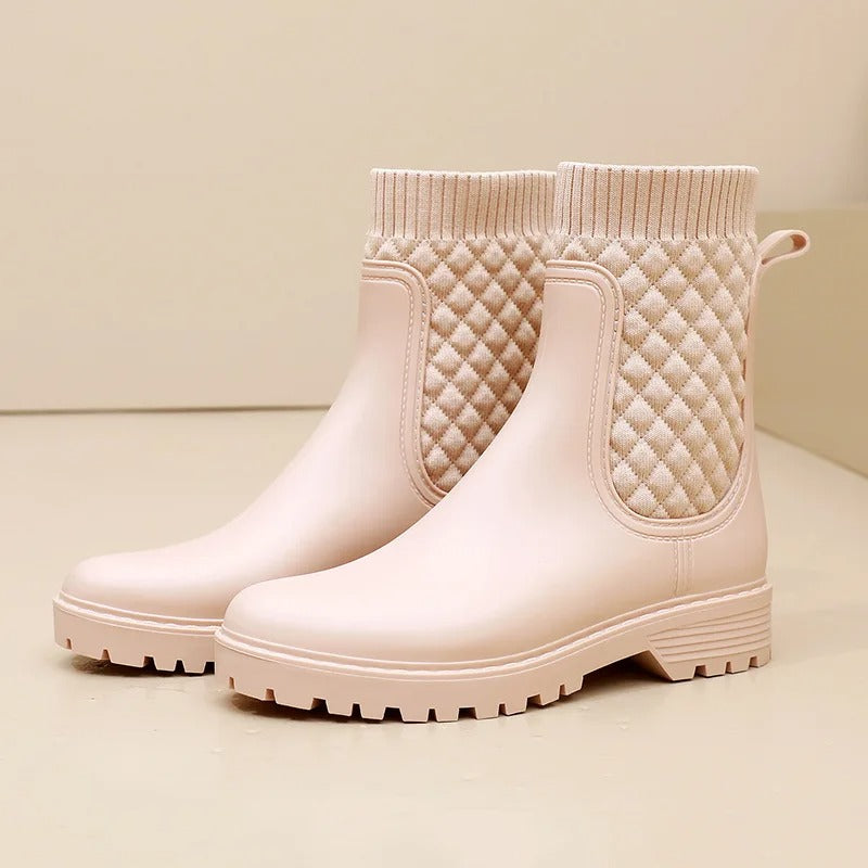 Gesteppte Strick-Regenstiefel für Damen - Bequeme Slip-On Gummistiefel - Ideal für Nasses Wetter