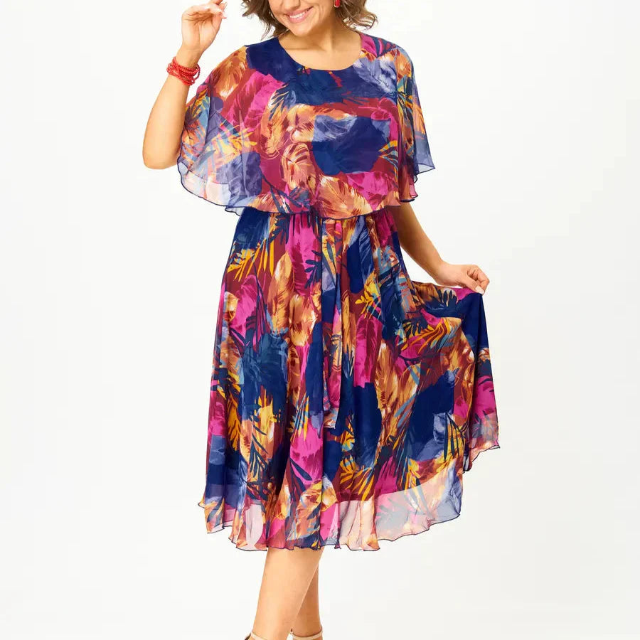 Damen - Elegantes Kleid - Hochwertigem Chiffon - Farbige Akzente - Stilvolle Mode für jeden Anlass