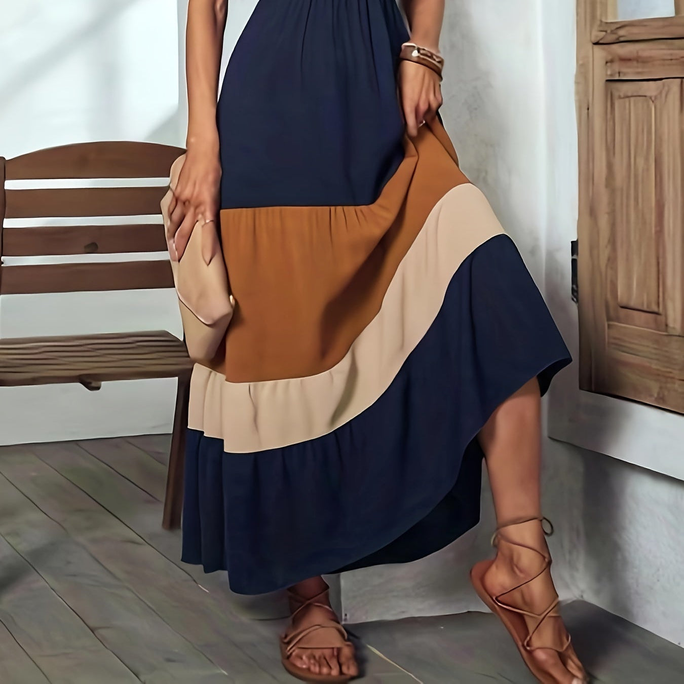Damen - Farbblock Maxi-Kleid - Polyester - Elegantes ärmelloses Wickelkleid - Vielseitig und Stilvoll für jeden Anlass