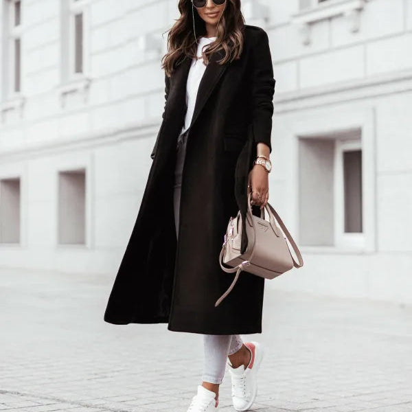 Damen - Eleganter mantel - Revers und Taillengürtel - Stilvoller Langer Mantel für jede Gelegenheit
