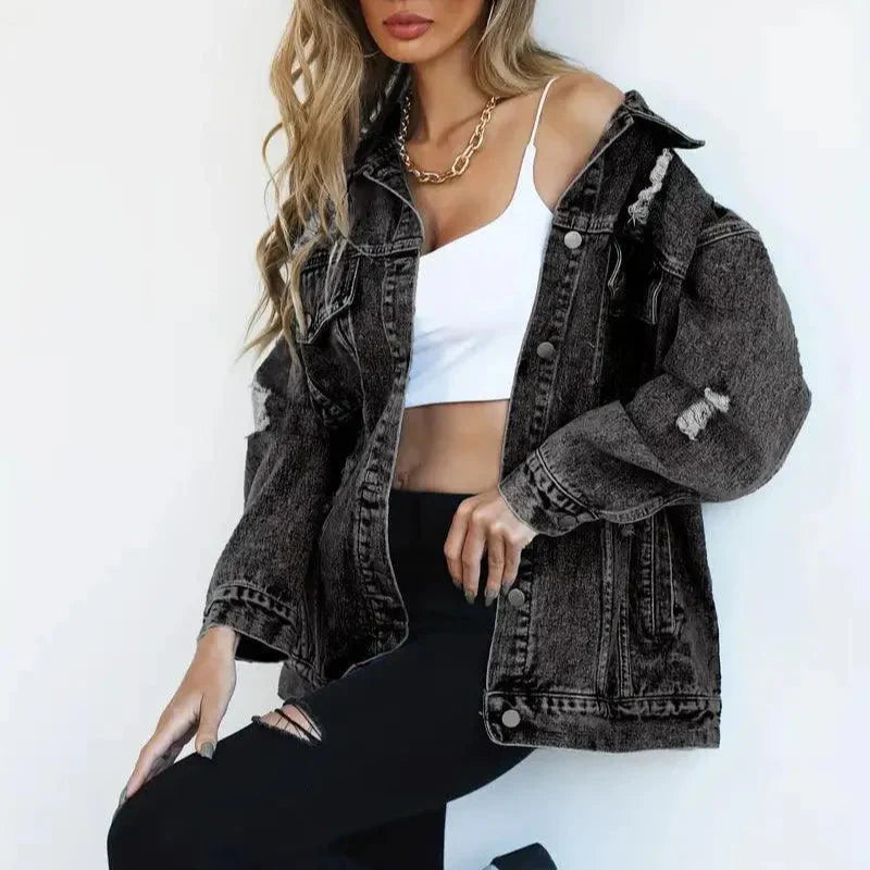 Damen - Übergroß Denim Jacke - Atmungsaktivem Material - Lässiger Stil - Vielseitige Mode für jeden Anlass