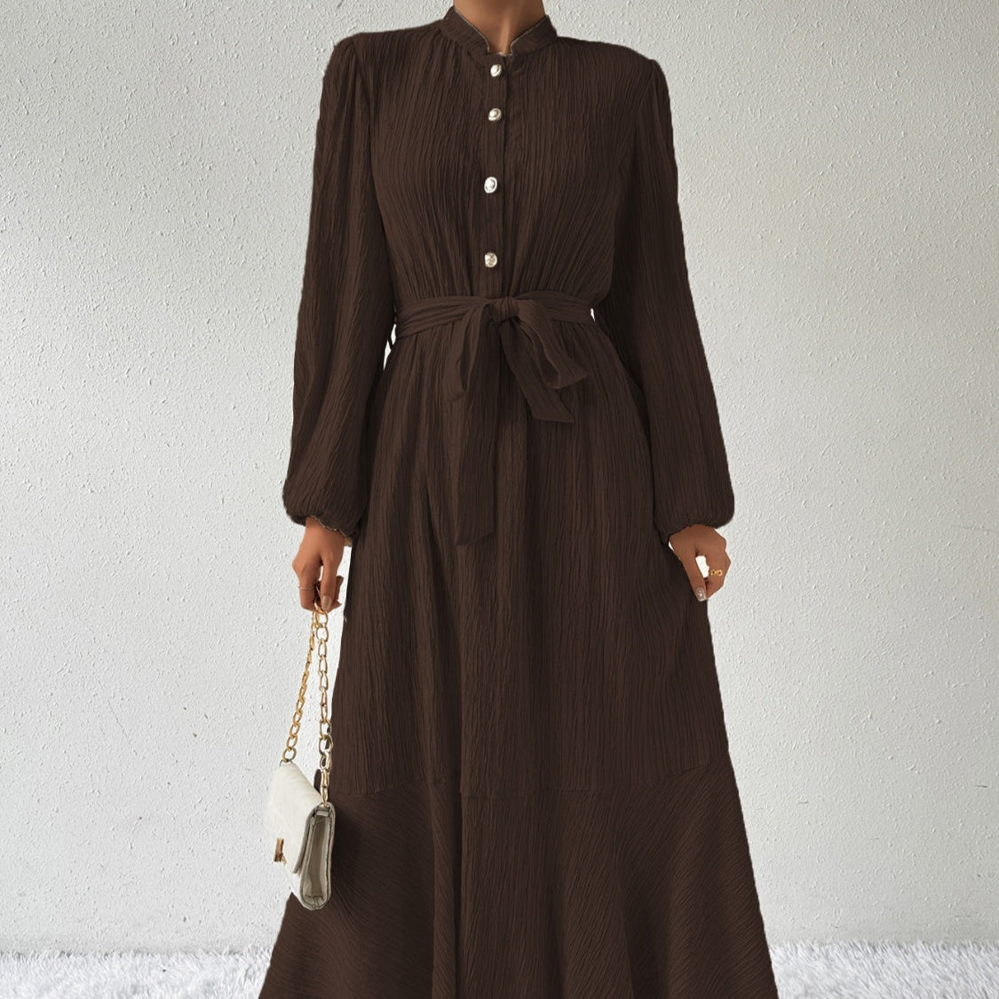 Damen - Plissiertes Maxikleid - Gewebtem Stoff - Lange Ärmel & Hoher Ausschnitt - Ideales Kleid für jeden Anlass