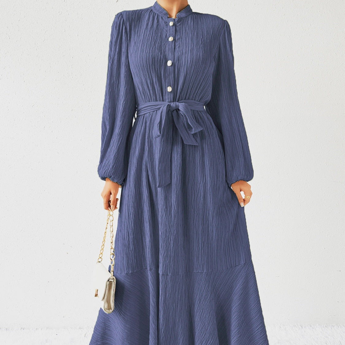 Damen - Plissiertes Maxikleid - Gewebtem Stoff - Lange Ärmel & Hoher Ausschnitt - Ideales Kleid für jeden Anlass