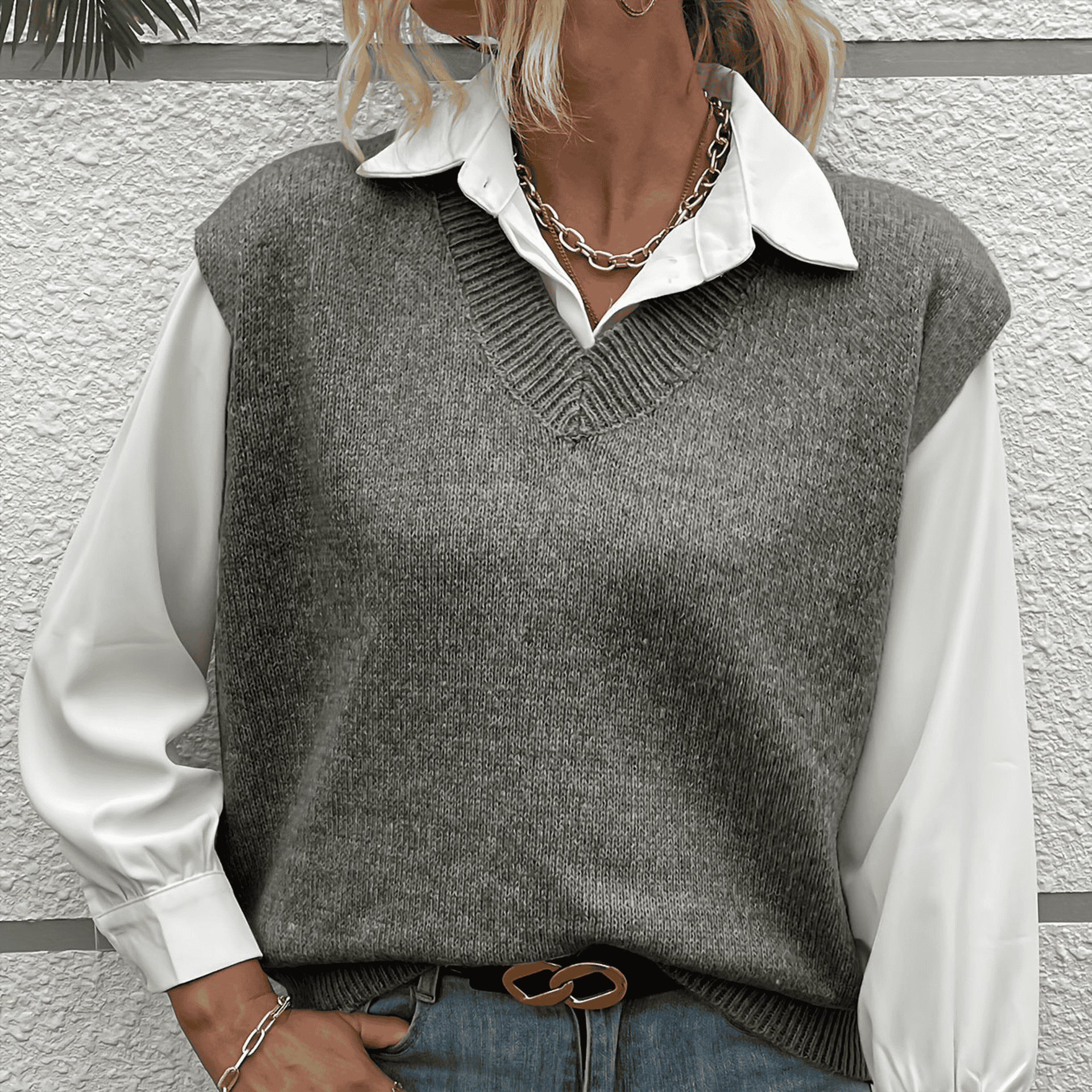 Damen - Gerippte V-Ausschnitt Pullover Weste - Weiche Material - Bequemer Schnitt - Perfekt für lässige Outfits