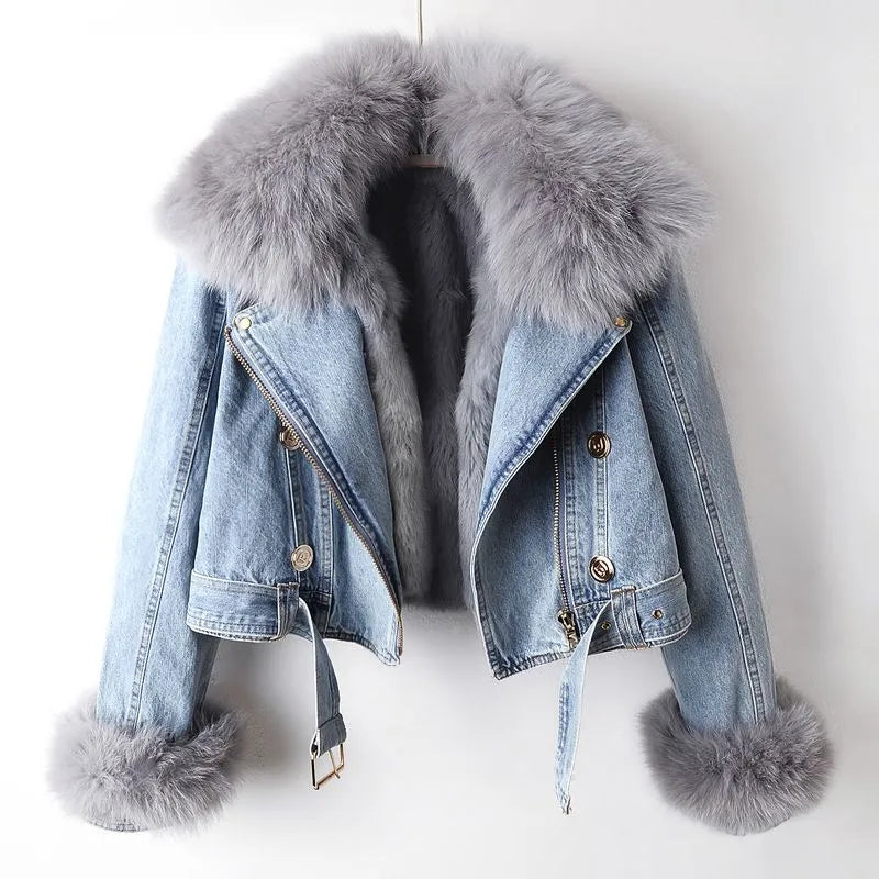 Damen - Jeansjacke mit Kunstfellkragen - Strapazierfähige Denim - Stylische Winterjacke - Komfort und Eleganz