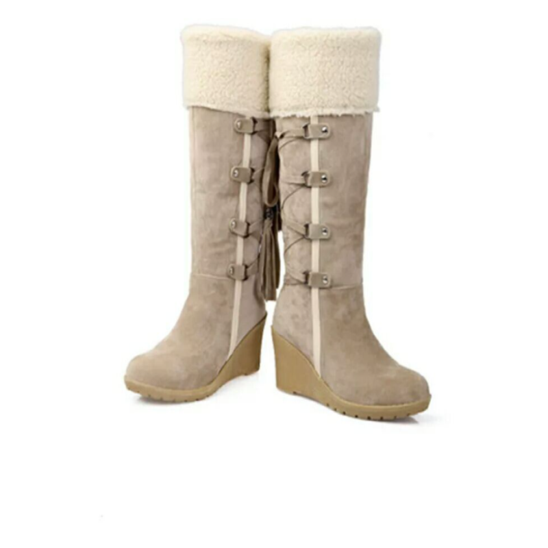 Damen - Kniehohe Keilstiefel - Stilvolles Quasten-Design für schicken Komfort