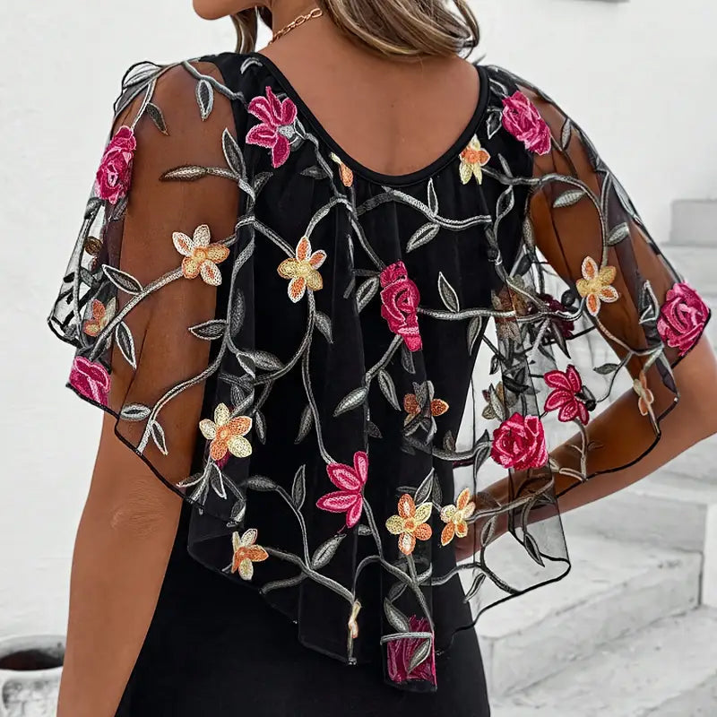 Damen - Bestickte Mesh-Bluse - Baumwollmischung - Elegantes & stilvolles Top für jeden Anlass
