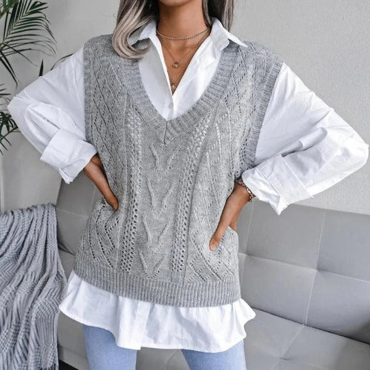 Damen - Lässige V-Ausschnitt Weste mit Zopfmuster - Wollmischung - Kuschelige für Stil und Komfort