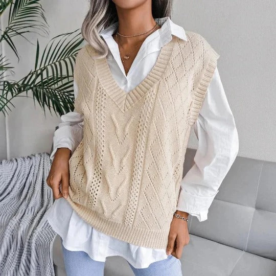 Damen - Lässige V-Ausschnitt Weste mit Zopfmuster - Wollmischung - Kuschelige für Stil und Komfort