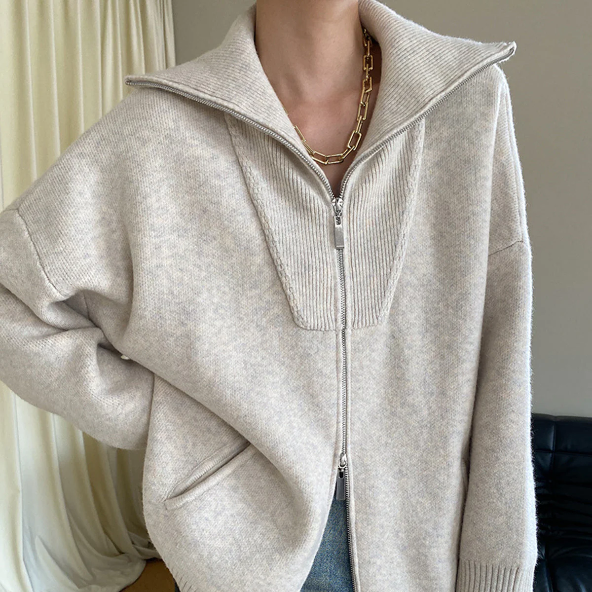Damen - Strickjacke in Übergröße - Wolle - Reißverschluss - Bequeme und stilvolle Oberbekleidung
