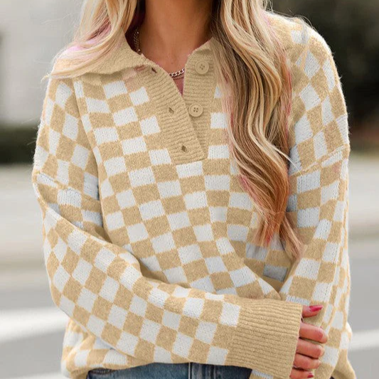 Damen - Pullover mit V-Ausschnitt - Weicher Wollstrick - Knopfleiste - Bequem und stilvoll
