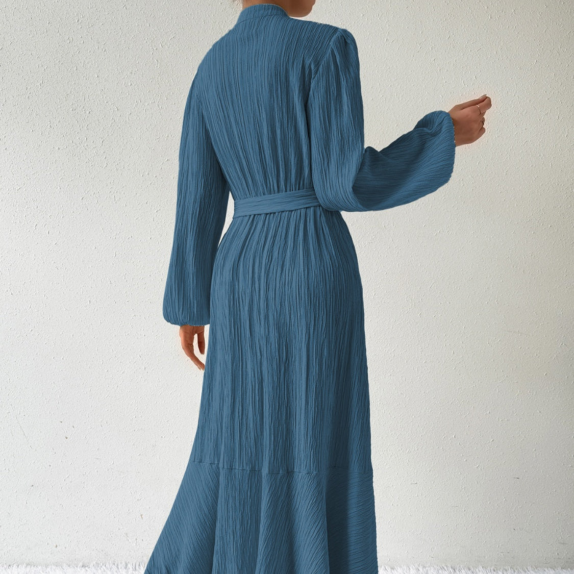 Damen - Plissiertes Maxikleid - Gewebtem Stoff - Lange Ärmel & Hoher Ausschnitt - Ideales Kleid für jeden Anlass