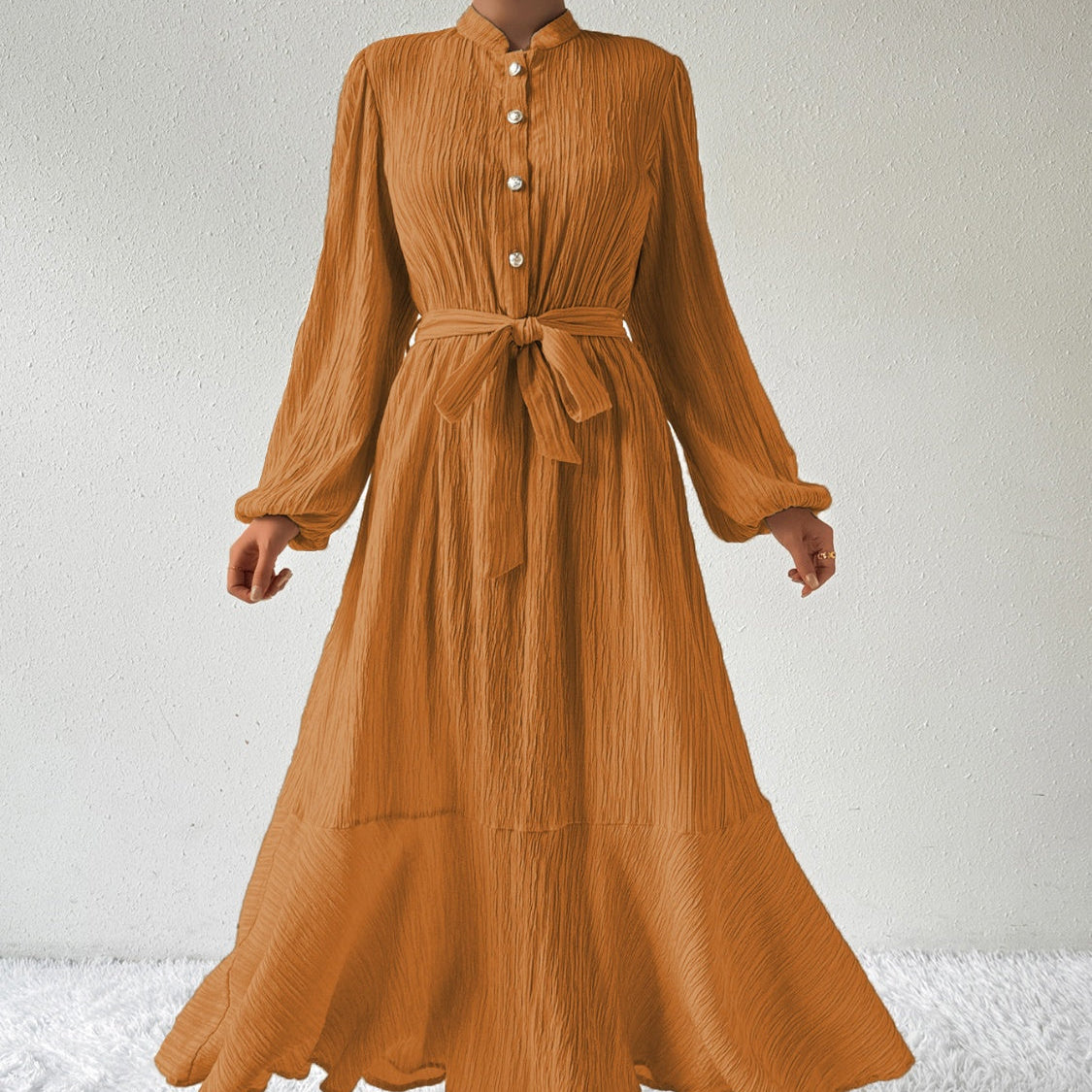 Damen - Plissiertes Maxikleid - Gewebtem Stoff - Lange Ärmel & Hoher Ausschnitt - Ideales Kleid für jeden Anlass