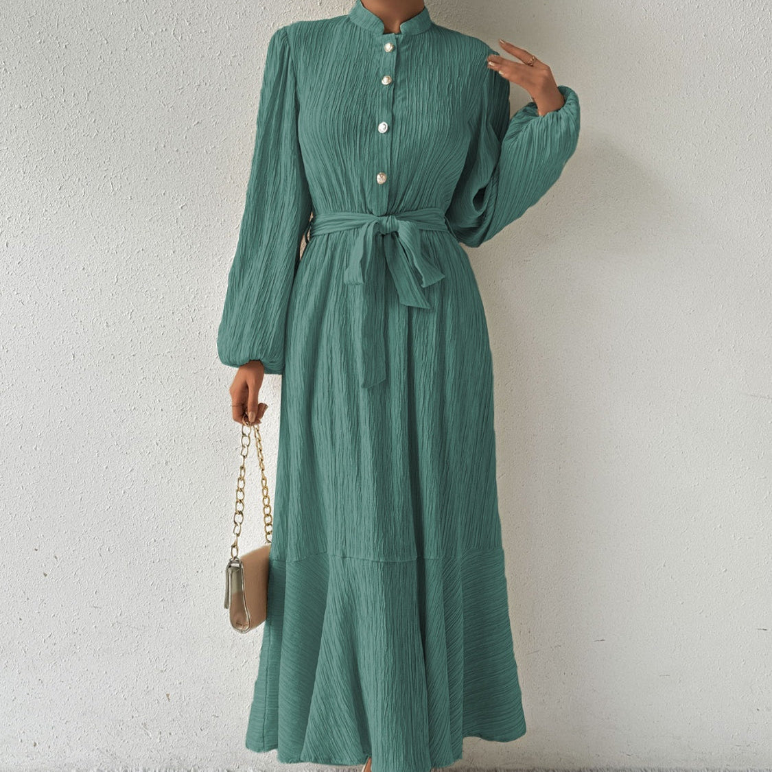 Damen - Plissiertes Maxikleid - Gewebtem Stoff - Lange Ärmel & Hoher Ausschnitt - Ideales Kleid für jeden Anlass