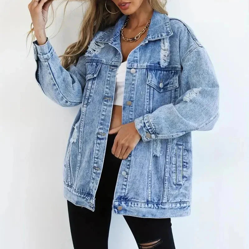 Damen - Übergroß Denim Jacke - Atmungsaktivem Material - Lässiger Stil - Vielseitige Mode für jeden Anlass