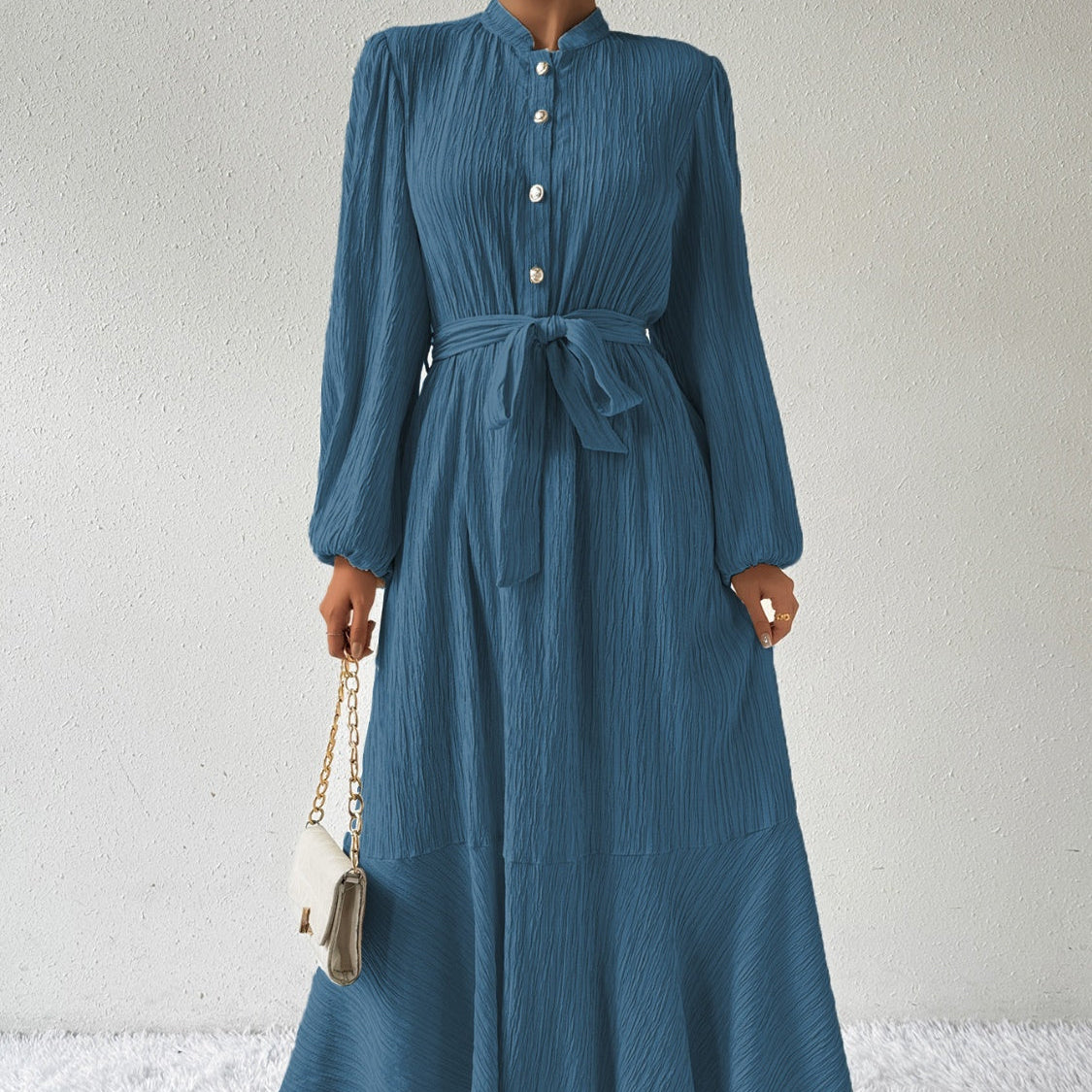 Damen - Plissiertes Maxikleid - Gewebtem Stoff - Lange Ärmel & Hoher Ausschnitt - Ideales Kleid für jeden Anlass