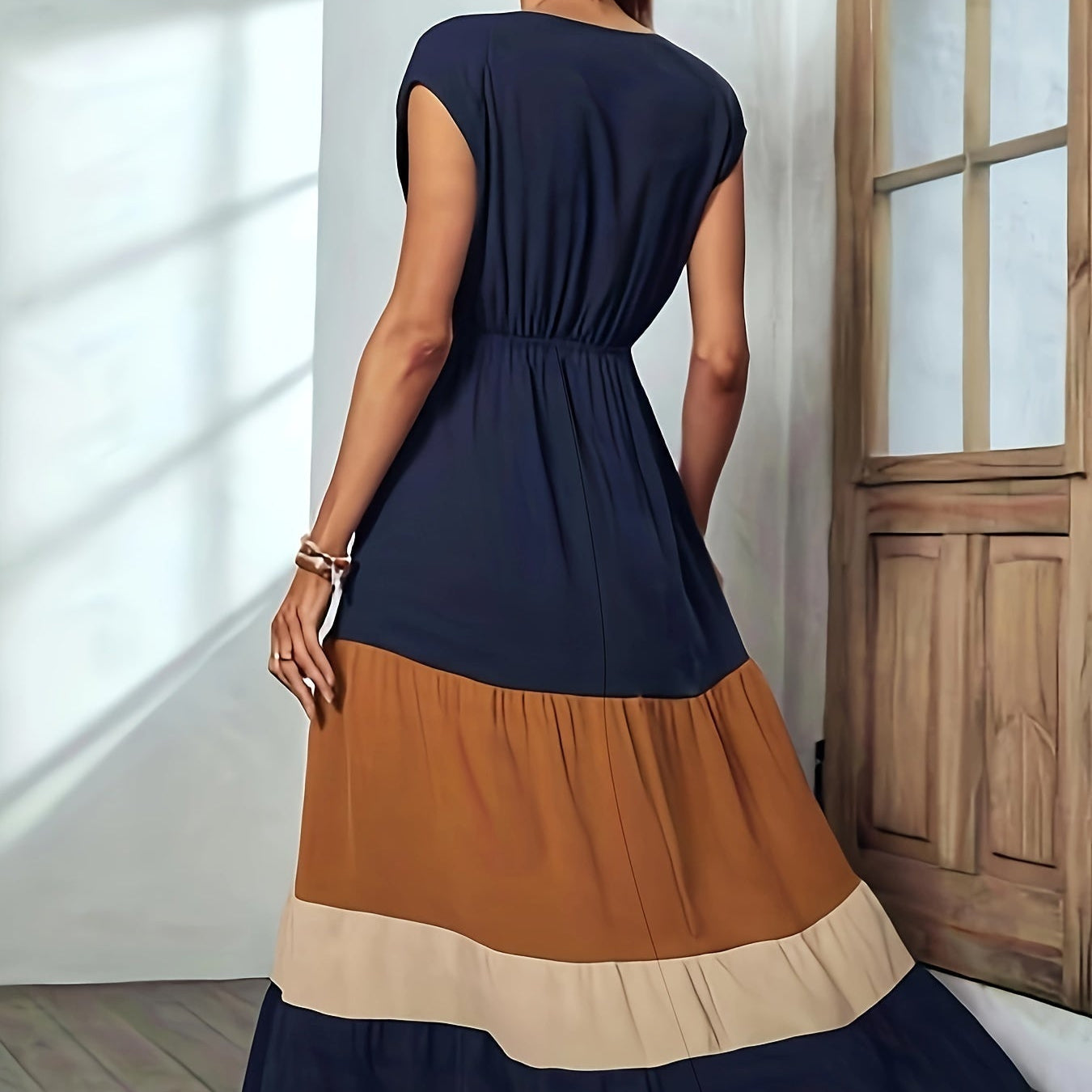 Damen - Farbblock Maxi-Kleid - Polyester - Elegantes ärmelloses Wickelkleid - Vielseitig und Stilvoll für jeden Anlass