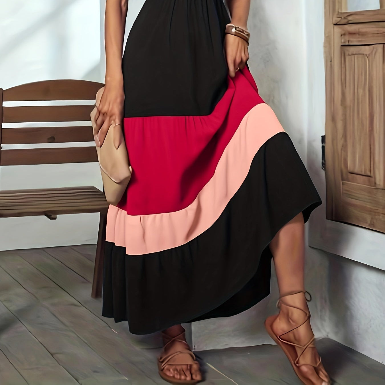 Damen - Farbblock Maxi-Kleid - Polyester - Elegantes ärmelloses Wickelkleid - Vielseitig und Stilvoll für jeden Anlass