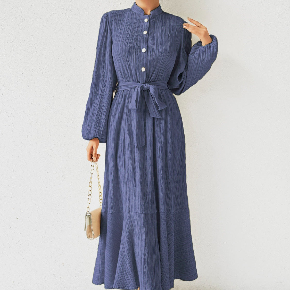 Damen - Plissiertes Maxikleid - Gewebtem Stoff - Lange Ärmel & Hoher Ausschnitt - Ideales Kleid für jeden Anlass