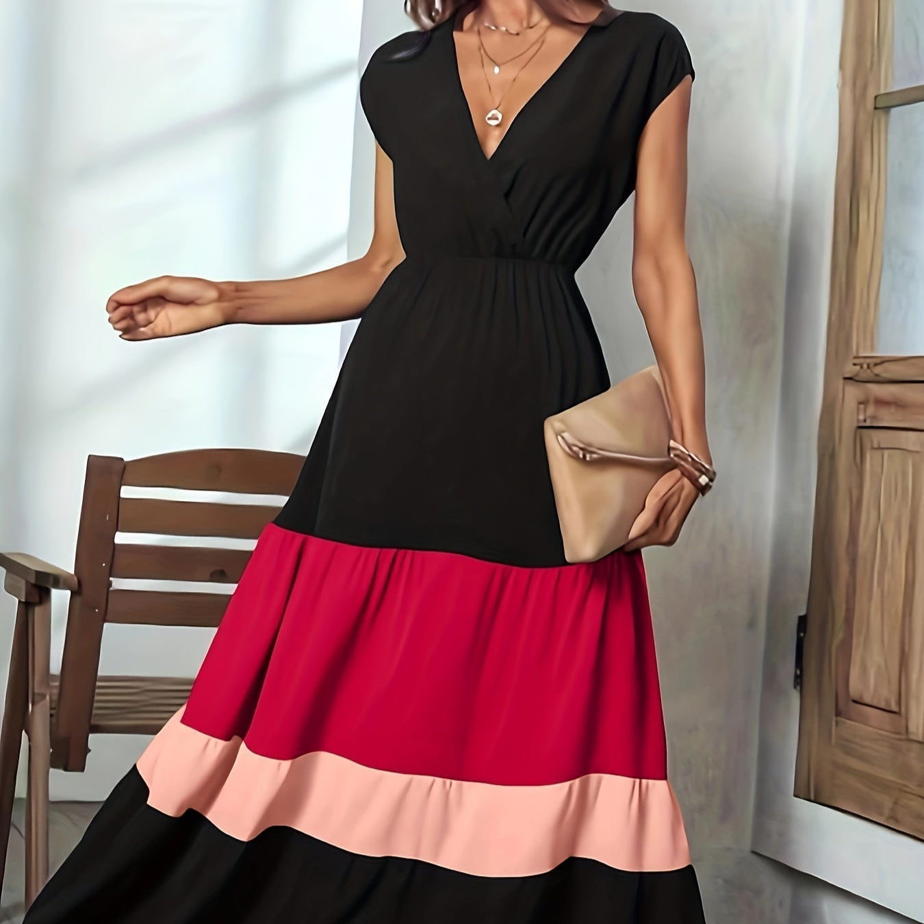 Damen - Farbblock Maxi-Kleid - Polyester - Elegantes ärmelloses Wickelkleid - Vielseitig und Stilvoll für jeden Anlass
