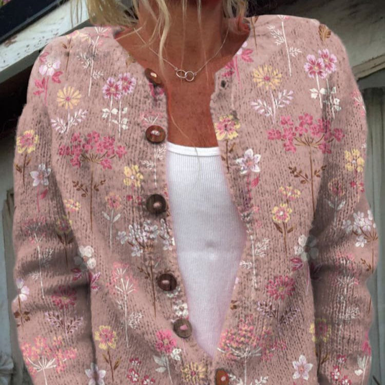 Damen - Strickjacke - Blumenmuster - Rundhalsausschnitt - Modische, bequeme Oberbekleidung für jeden Anlass