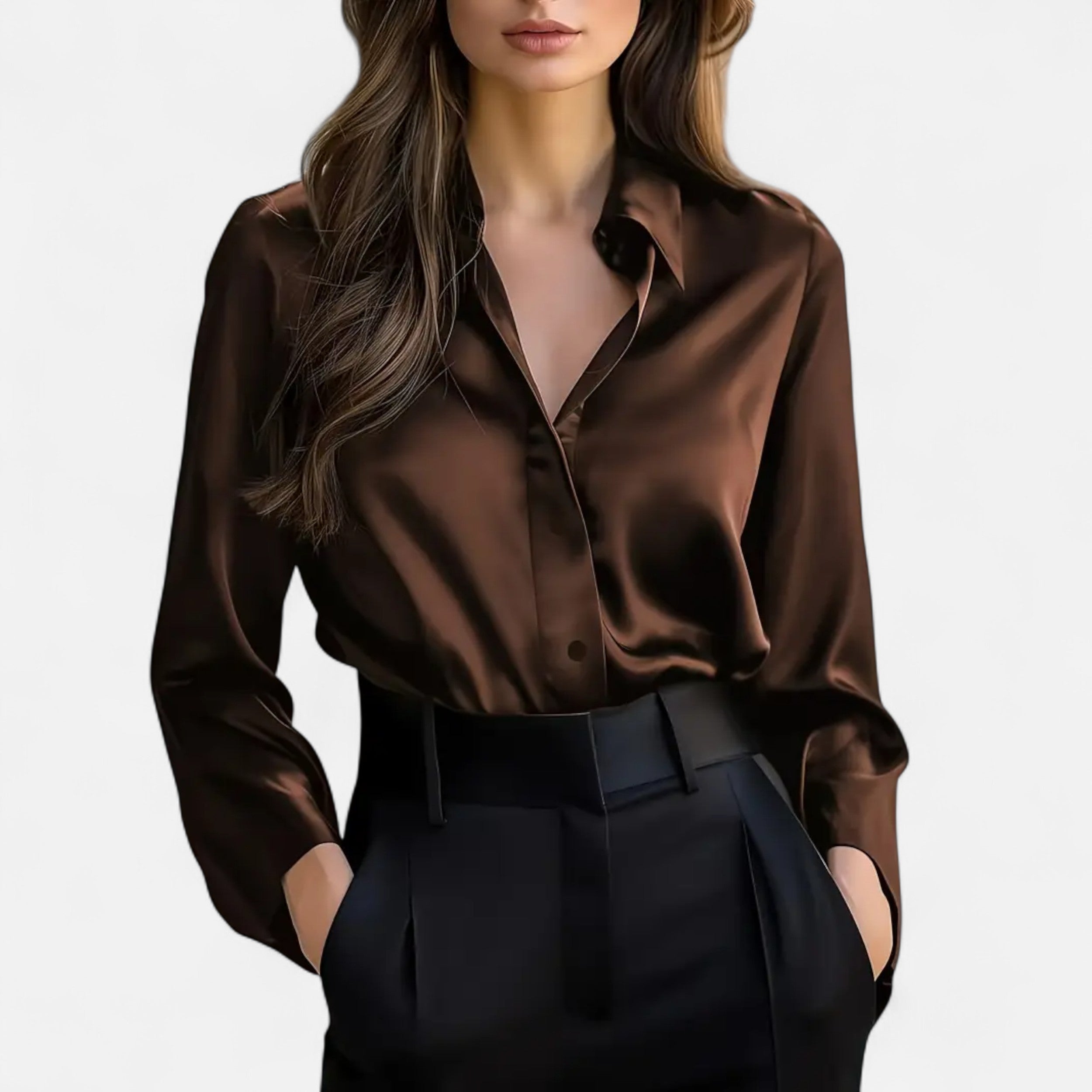 Damen - Langärmelige Satinbluse - Eleganter Stil -  vielseitige Bluse für jeden Anlass