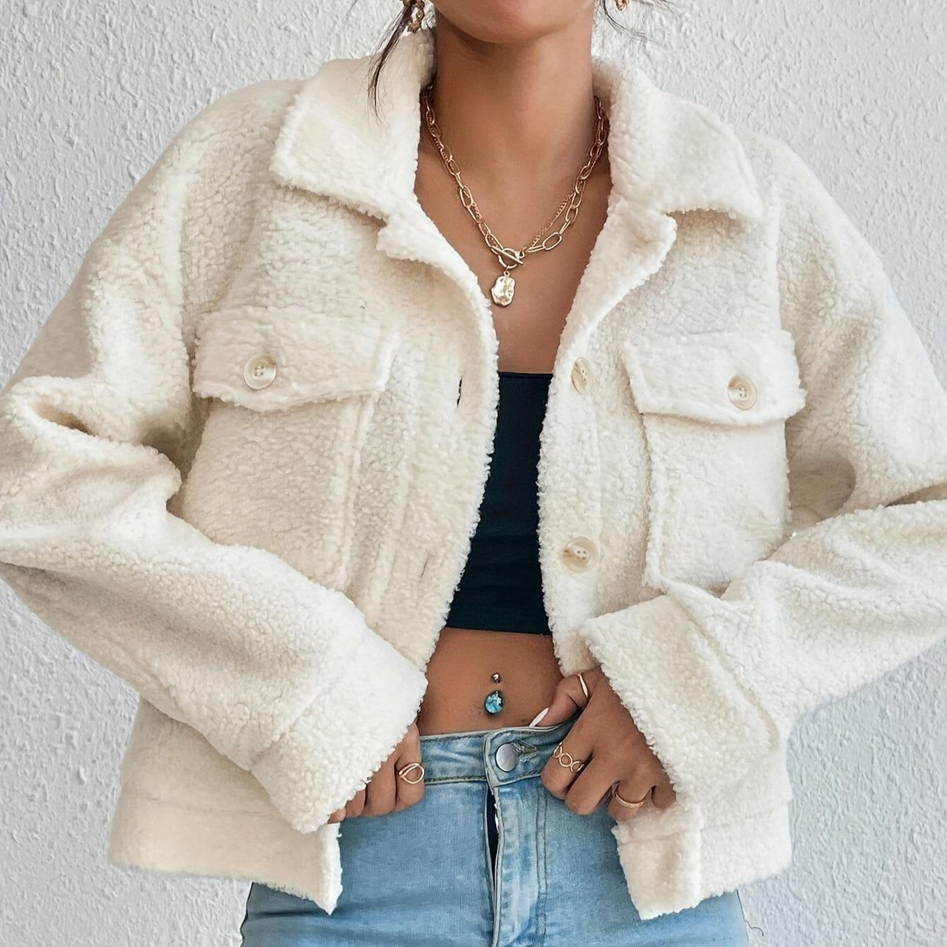 Damen - Kurzer Mantel - Wollmischung - Sherpa Struktur - Stylisch und Warm für den Herbst