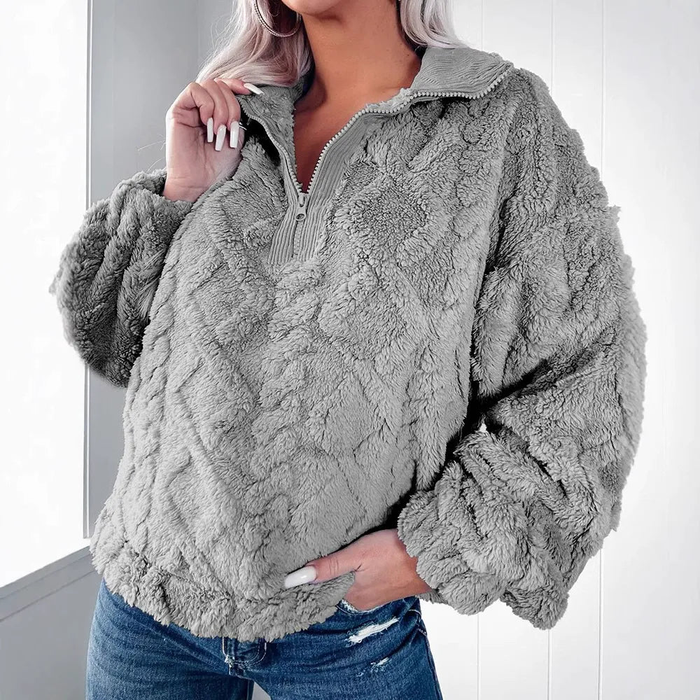 Damen - Kunstfell Pullover - Gesteppt mit Reißverschluss - Weich und Bequem für den Alltag